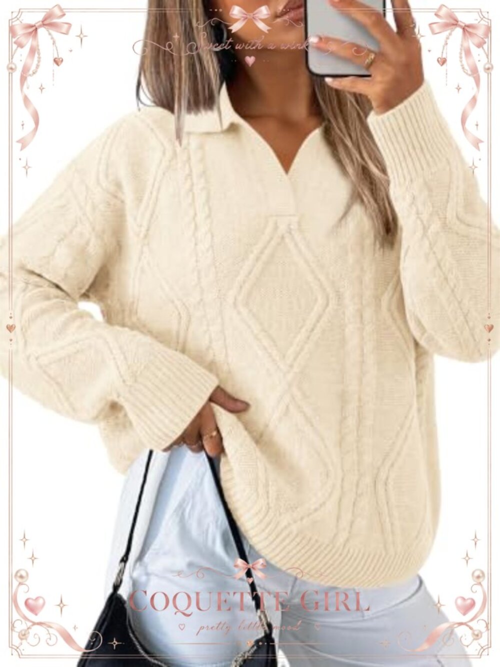 Womens Cable Knit Lapel Collar Oversized Pullover Sweater Fall
